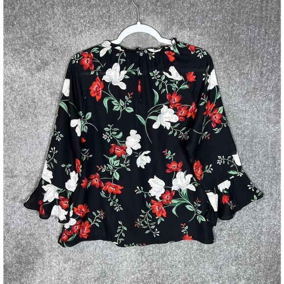 Old Navy Top Womens Size Large Black Floral Swing Bell Sleeve Semi Sheer Ruffle - Picture 2 of 8